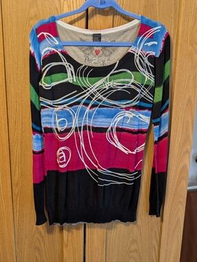 Desigual Multicolor Scoop Neck Sweater with Bold Swirl Motif